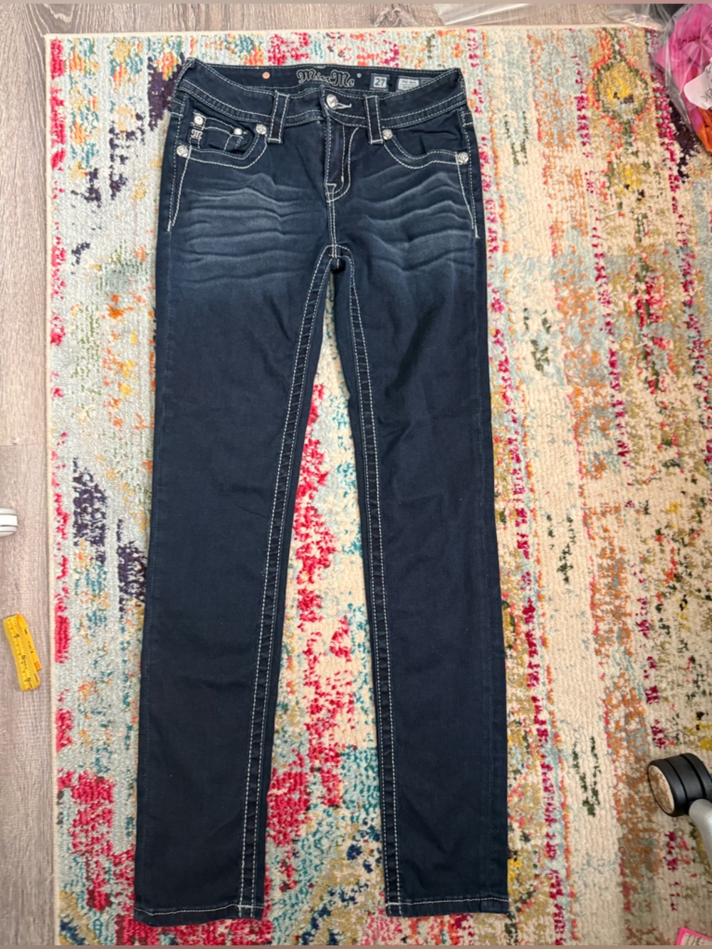 Miss Me Size 27 Mid-Rise Skinny Jeans Dark Wash Heavy Stitch